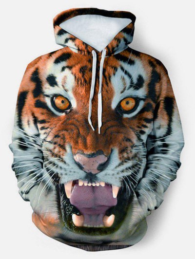 3d Tiger Graphic Front Pocket Drawstring Hoodie