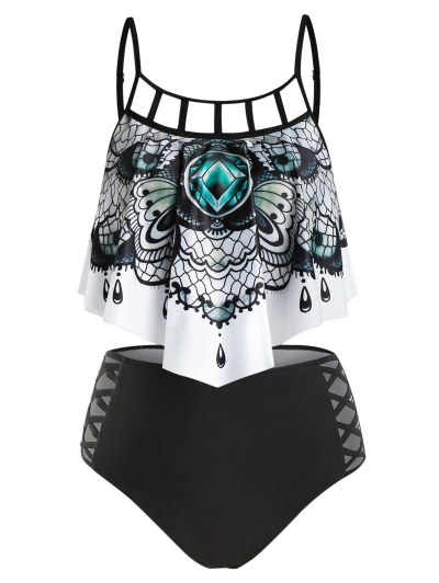 Abstract Butterfly Print Criss-cross Gothic Tankini Set