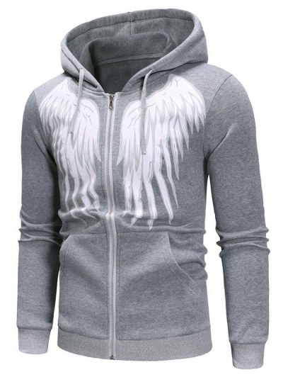 Angel Wings Print Zipper Drawstring Hoodie