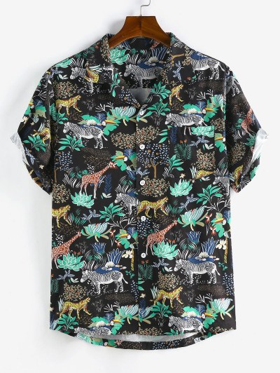 Animals Flowers Print Summer Lapel Pocket Shirt