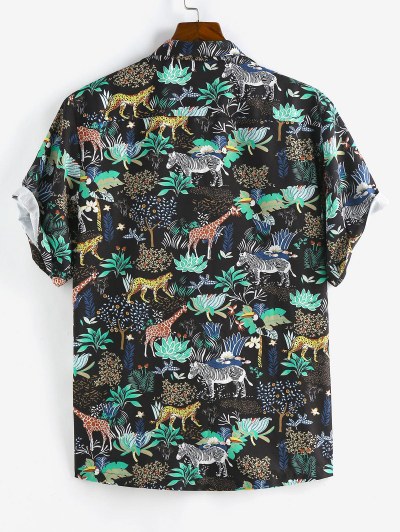 Animals Flowers Print Summer Lapel Pocket Shirt