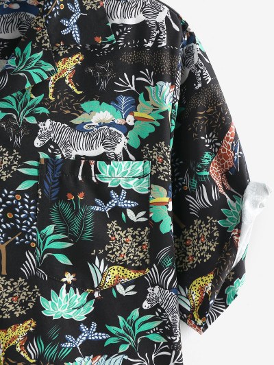 Animals Flowers Print Summer Lapel Pocket Shirt