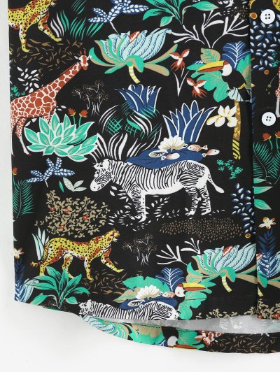 Animals Flowers Print Summer Lapel Pocket Shirt