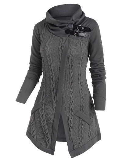 Buckle Closure Mix Knit Longline Cardigan