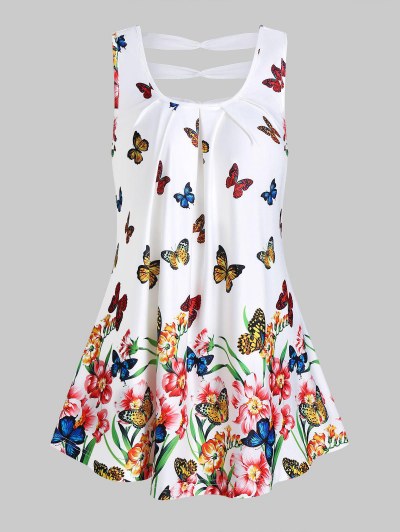Butterflies And Flower Print Ruched Tank Top