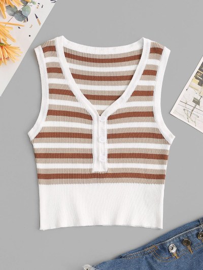 Button Loop Striped Knitted Tank Top