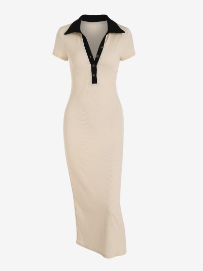 Button Placket Colorblock Midi Dress