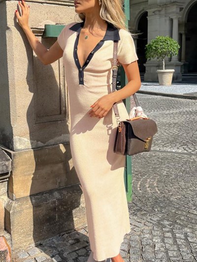 Button Placket Colorblock Midi Dress