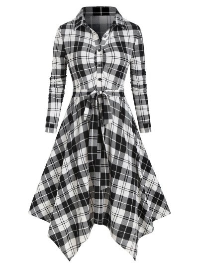 Button Two Tone Plaid Irregular Shirt Dress