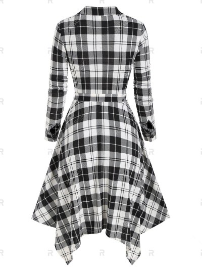 Button Two Tone Plaid Irregular Shirt Dress