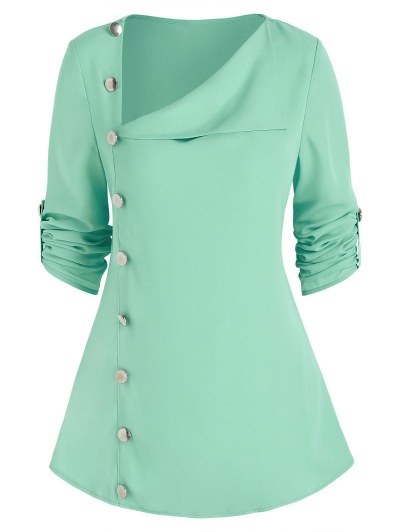 Buttons Turn Down Neck Asymmetrical Top