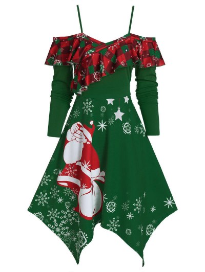 Christmas Handkerchief Ruffled Santa Claus Print Dress