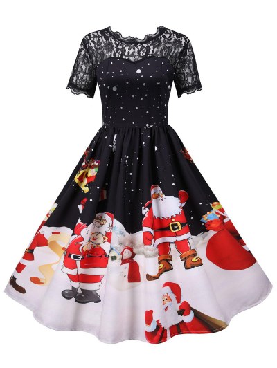 Christmas Polka Dot Santa Claus Lace Yoke Dress