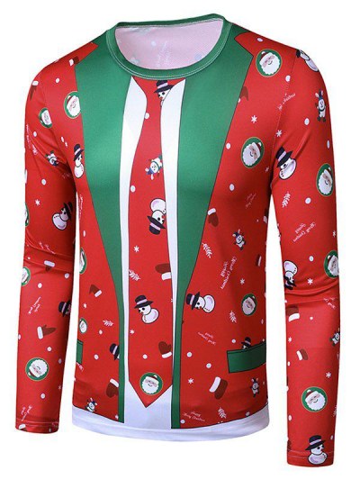 Christmas Santa Snowman Faux Suit Print Slim Crew Neck T Shirt