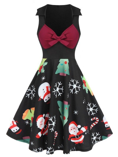 Christmas Tree Santa Claus Snowflake Print Sleeveless Flare Dress