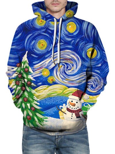 Christmas Tree Snowman Galaxy Print Kangaroo Pocket Hoodie