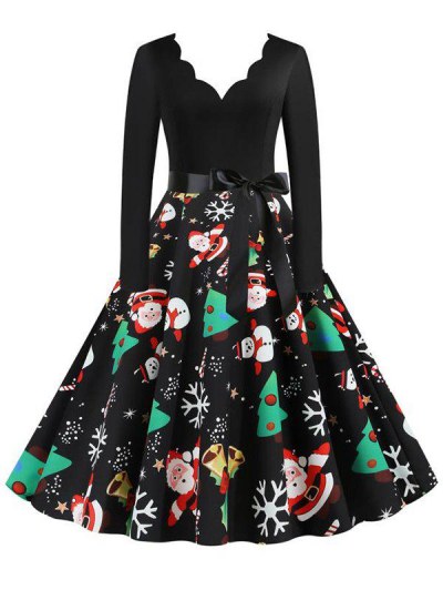 Christmas Trees Snowman Snowflake Long Sleeve Belted Dress