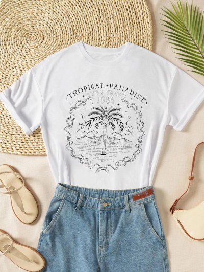 Coconut Tree Letter Print Short Sleeve T Shirt