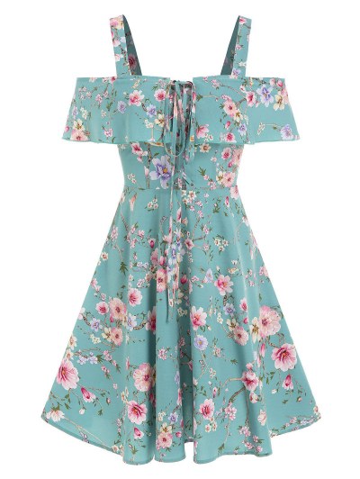 Cold Shoulder Floral Print Lace-up Dress
