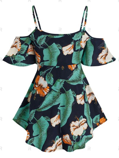 Cold Shoulder Tropical Flower Print T-shirt