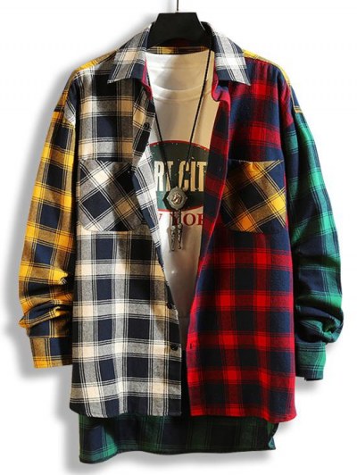 Colorblock Plaid Panel High Low Shirt