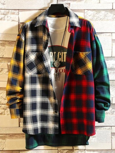 Colorblock Plaid Panel High Low Shirt