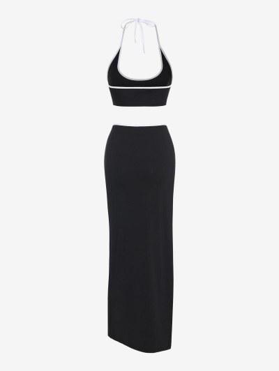 Contrast Piping Oval Cutout Thigh Slit Two Piece Dress