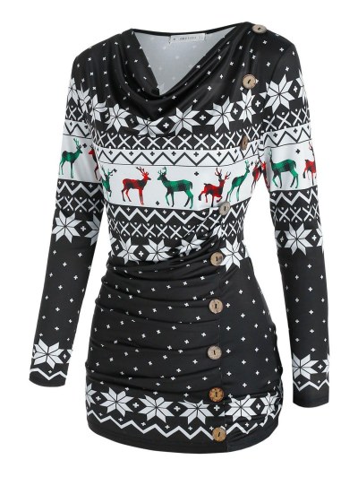 Cowl Neck Christmas Snowflake Elk Print Ruched T Shirt