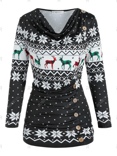 Cowl Neck Christmas Snowflake Elk Print Ruched T Shirt