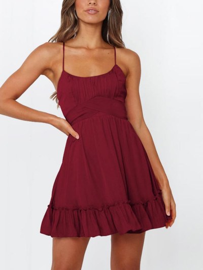 Criss Cross Belted Flounce Hem Dress