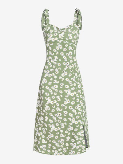 Daisy Print Slit Tie Shoulder Ruched Dress