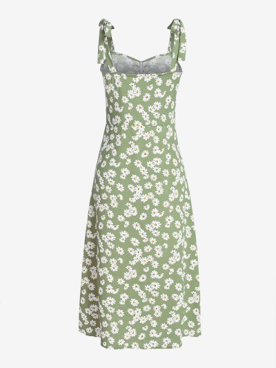 Daisy Print Slit Tie Shoulder Ruched Dress