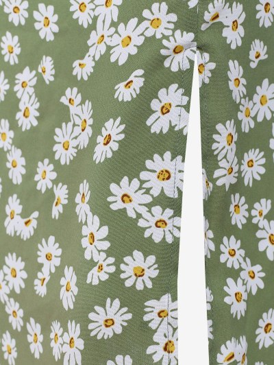 Daisy Print Slit Tie Shoulder Ruched Dress