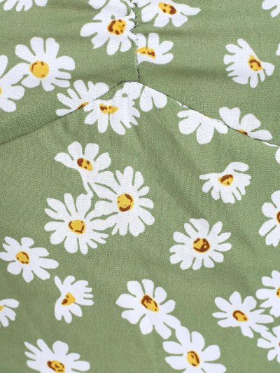 Daisy Print Slit Tie Shoulder Ruched Dress