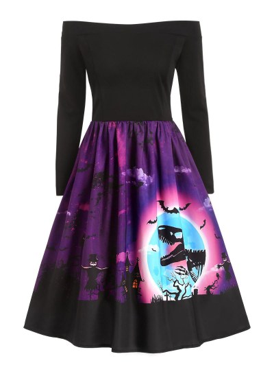 Dinosaur Bat Print Off Shoulder Halloween Dress