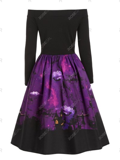 Dinosaur Bat Print Off Shoulder Halloween Dress