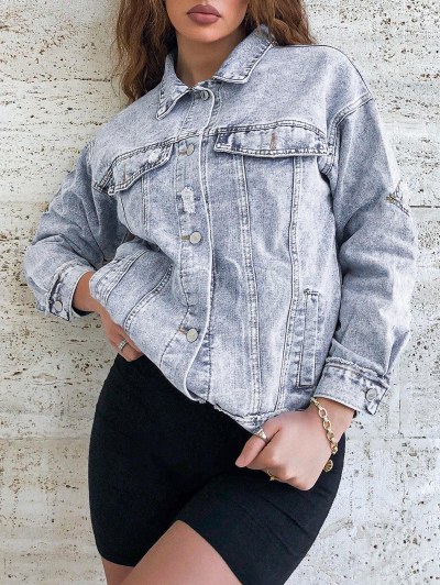 Distressed Frayed Button Up Denim Jacket