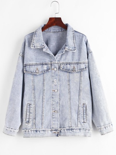 Distressed Frayed Button Up Denim Jacket