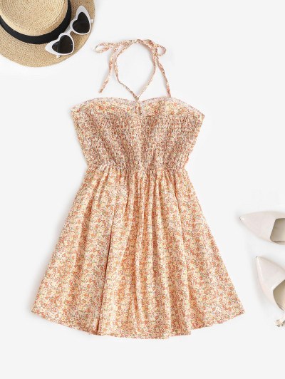 Ditsy Floral Lace Up Smocked Back Sundress