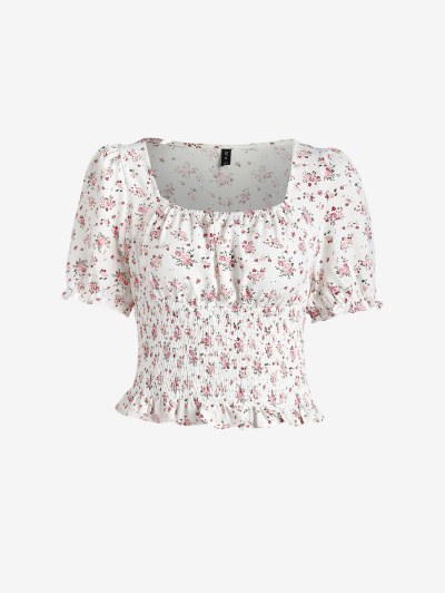 Ditsy Print Ruffle Smocked Crop Blouse