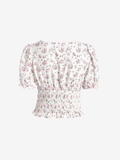Ditsy Print Ruffle Smocked Crop Blouse