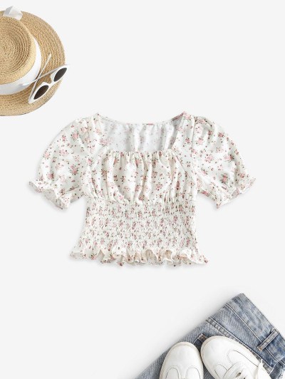 Ditsy Print Ruffle Smocked Crop Blouse
