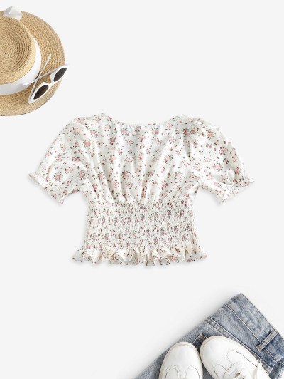 Ditsy Print Ruffle Smocked Crop Blouse