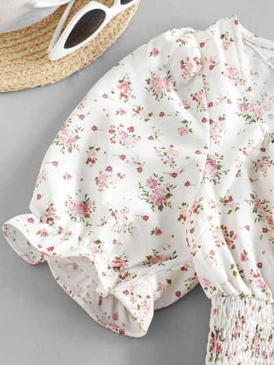 Ditsy Print Ruffle Smocked Crop Blouse