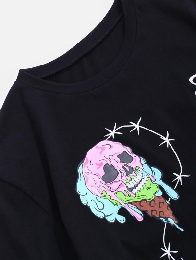 Drip Skull Ice Cream Letter Print Short Sleeve T-shirt