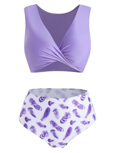 Feather Print Twisted High Waisted Tankini Swimwear
