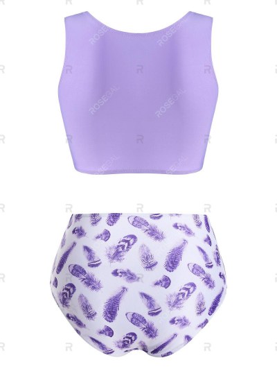 Feather Print Twisted High Waisted Tankini Swimwear