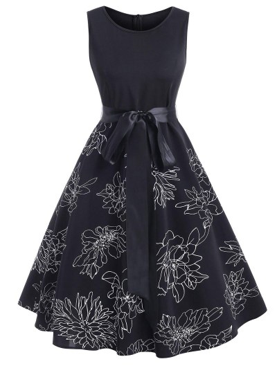 Floral Print Belted A Line Sleeveless Dress