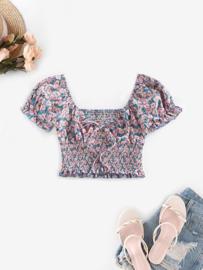 Floral Puff Sleeve Smocked Milkmaid Blouse