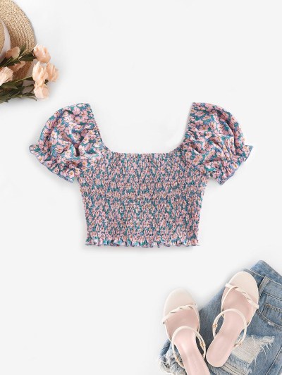 Floral Puff Sleeve Smocked Milkmaid Blouse
